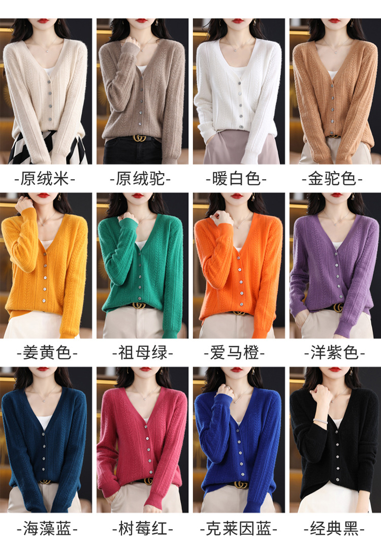 绒狼2023秋冬新款女士V领羊毛针织麻花开衫宽松长袖短款外套女详情5