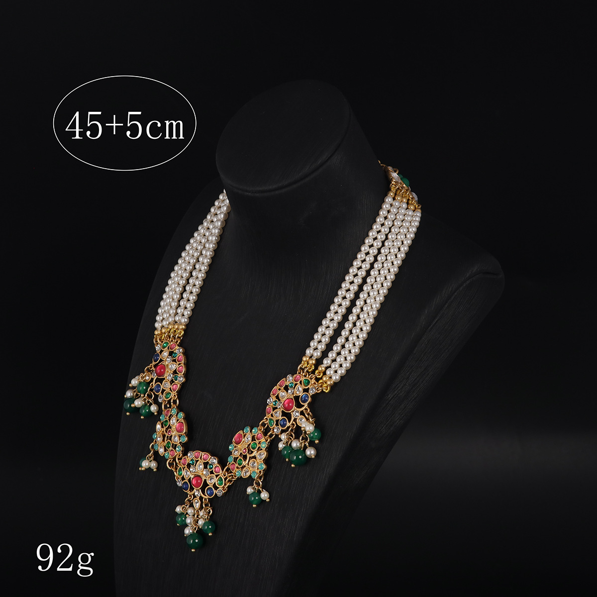 中古vintage高级感气质百搭铜镀真金哑光金彩色宝石镶嵌珍珠项链详情2