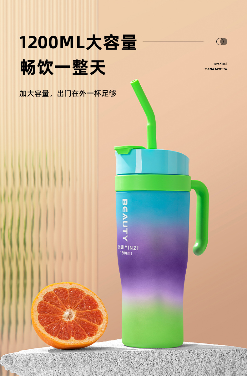 厂家大容量渐变色汽车杯磨砂透明塑料水杯三件套便携吸管杯直饮杯详情5