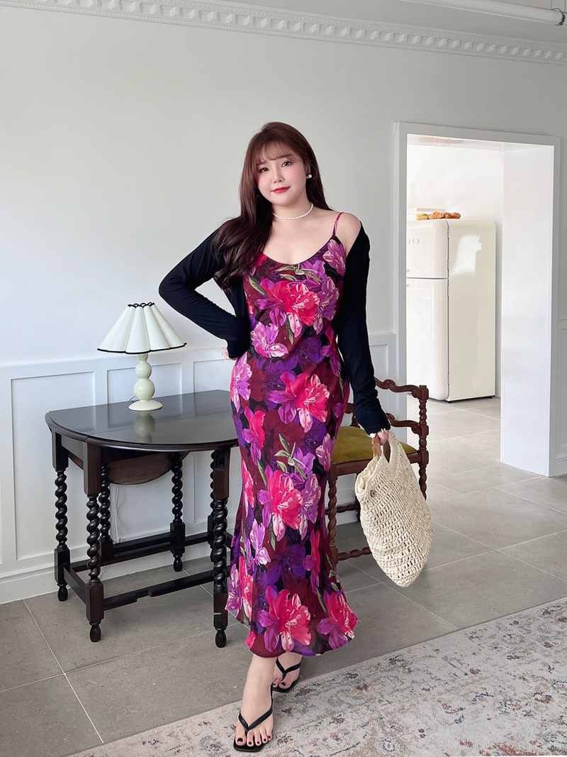 润其N8725法式收腰紫花鱼尾吊带裙批发 大码女装吊带连衣裙详情22