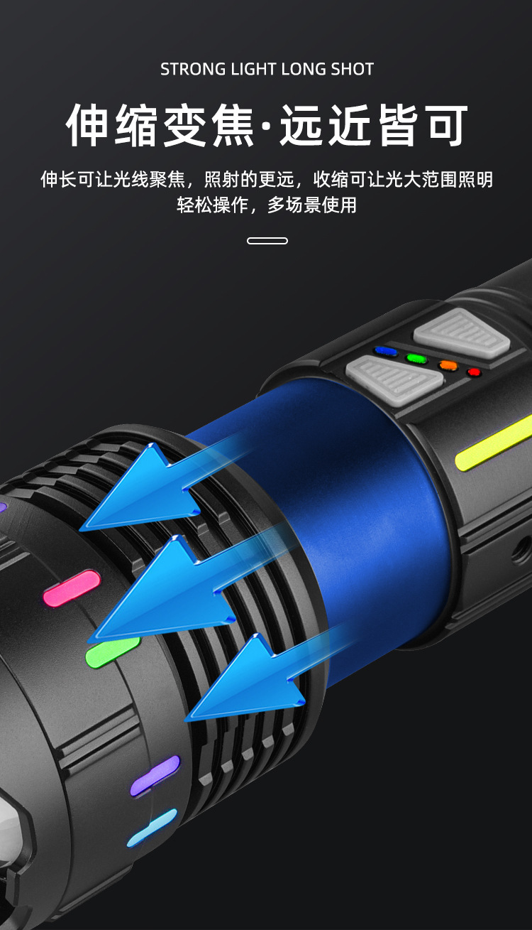 猎天鹰铝合金手电筒强光雷射炮Type-C快充多功能变焦远射照明电筒详情5