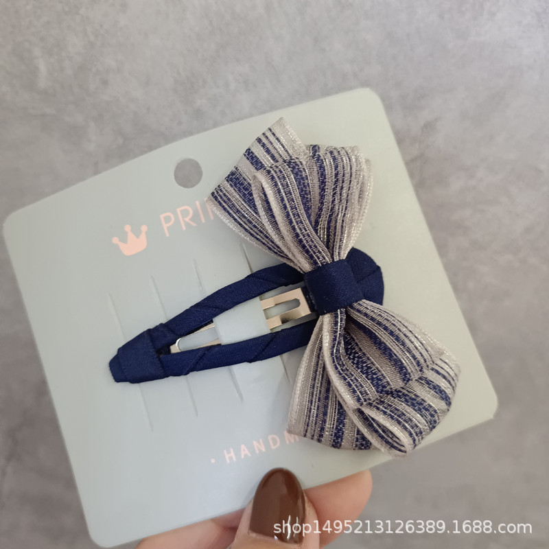 Korean-style sweet girl adult hairpin, navy blue striped silk gauze bow, BB clip, water drop clip, bangs clip pic 1