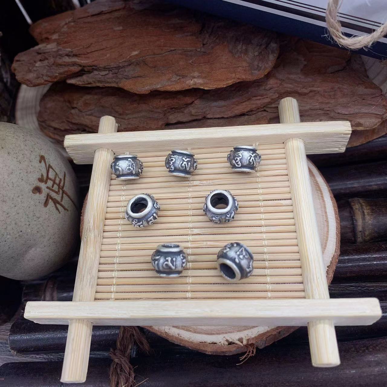 S999足银复古3D硬银隔珠横穿银饰配件六字真言手工DIY编绳配件详情12