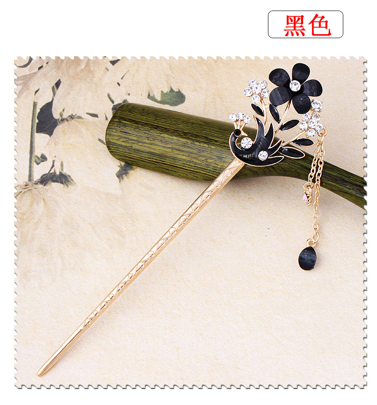 时尚民族风合金镶钻发簪 滴油复古蝴蝶型孔雀簪子女式流苏步摇发饰批发007详情33