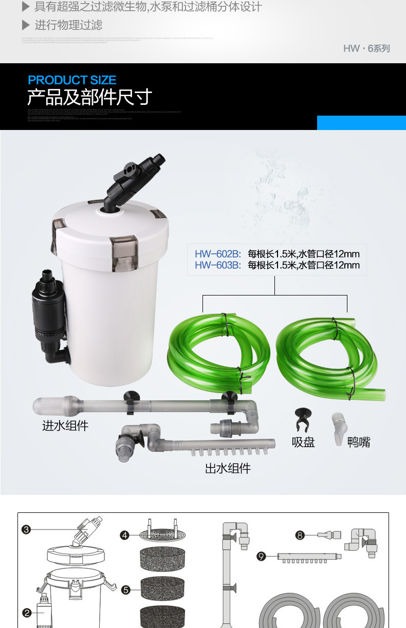 Cross-border fish tank aquarium external filter small external filter bucket with power HW-603B-602B series pic 35