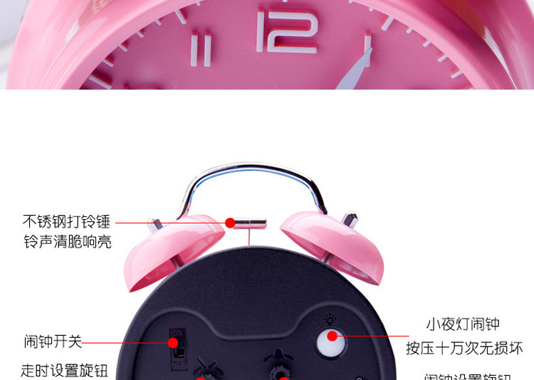 亚马逊热卖双打铃闹钟创意经典静音学生大声双铃3D数字打铃钟详情7