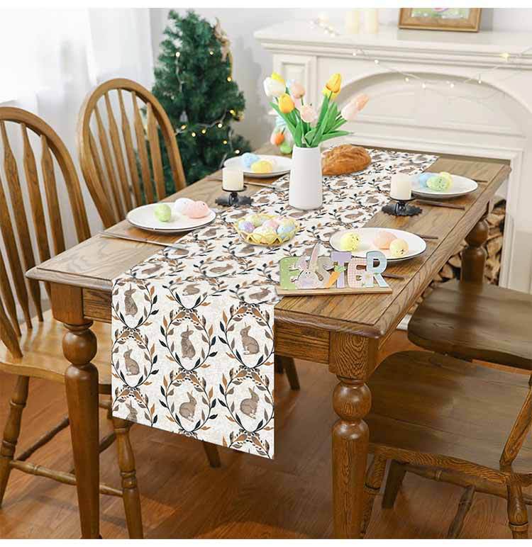 新款复活节桌旗跨境亚麻兔子植物印花桌布节日派对餐桌装饰台布垫详情11