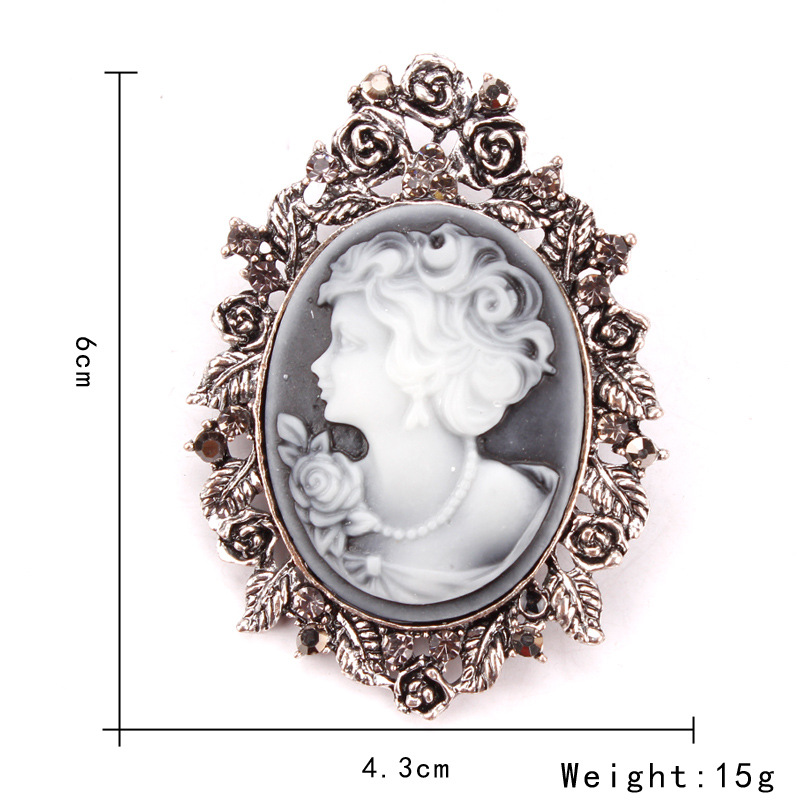 欧美时尚水钻美人头胸针 电镀合金复古胸花女 服装配饰品别针批发详情15