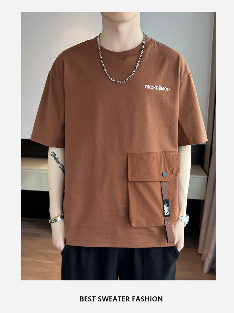 2024 Summer new short-sleeved T-shirt, thin, simple pocket, round neck, fashionable and trendy brand clothing, cool loose top pic 15
