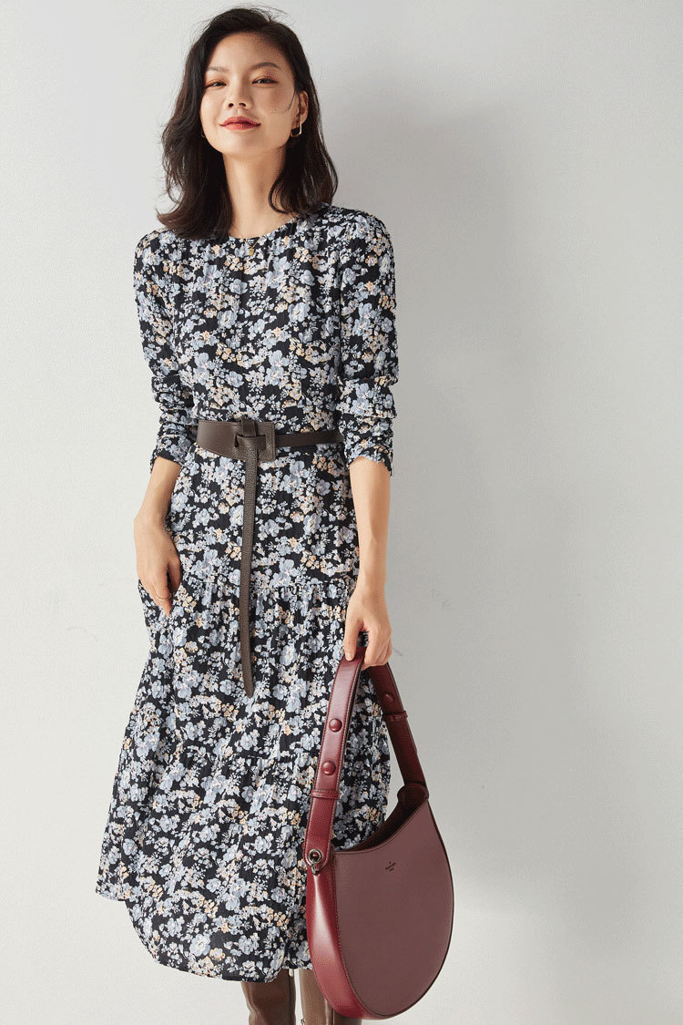 Shenghong 2023 Spring French Elegant Style Floral round-neck Loose Slimming Pleated Mid-length Dress 11213 pic 16