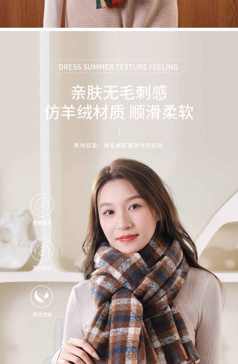 Winter couple student checkered scarf for girls 2023 Christmas gift, thickened and warm fringed faux cashmere scarf shawl pic 4