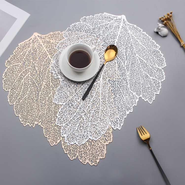 PVC hollowed-out placemats, creative leaf tabletop heat insulation pads, solid-color cabinet pads, Nordic style pic 1