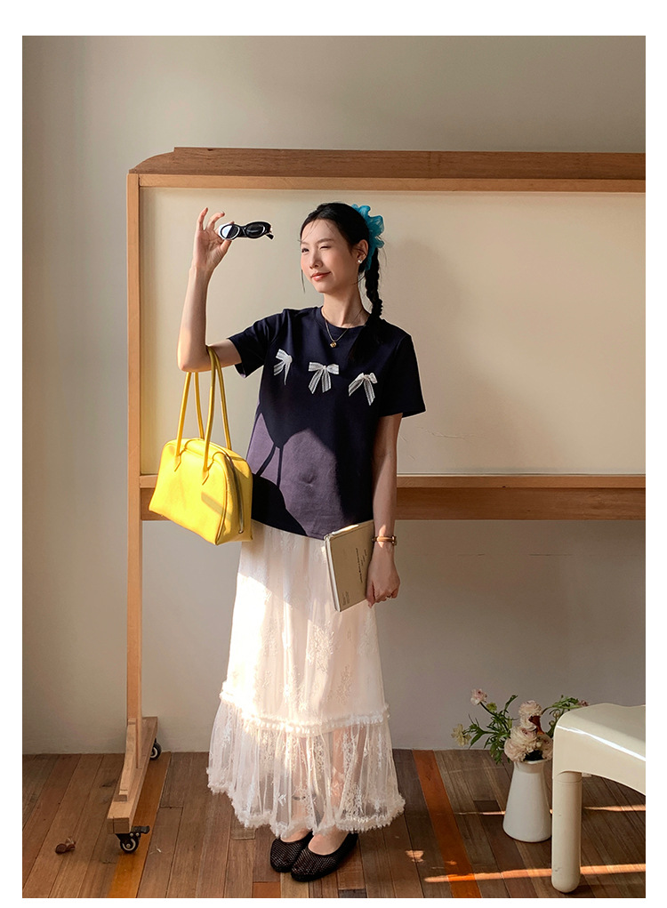 Aisili 2025 Spring Korean ballet-style lace bow design Versatile short-sleeved T-shirt for women 13316 pic 29
