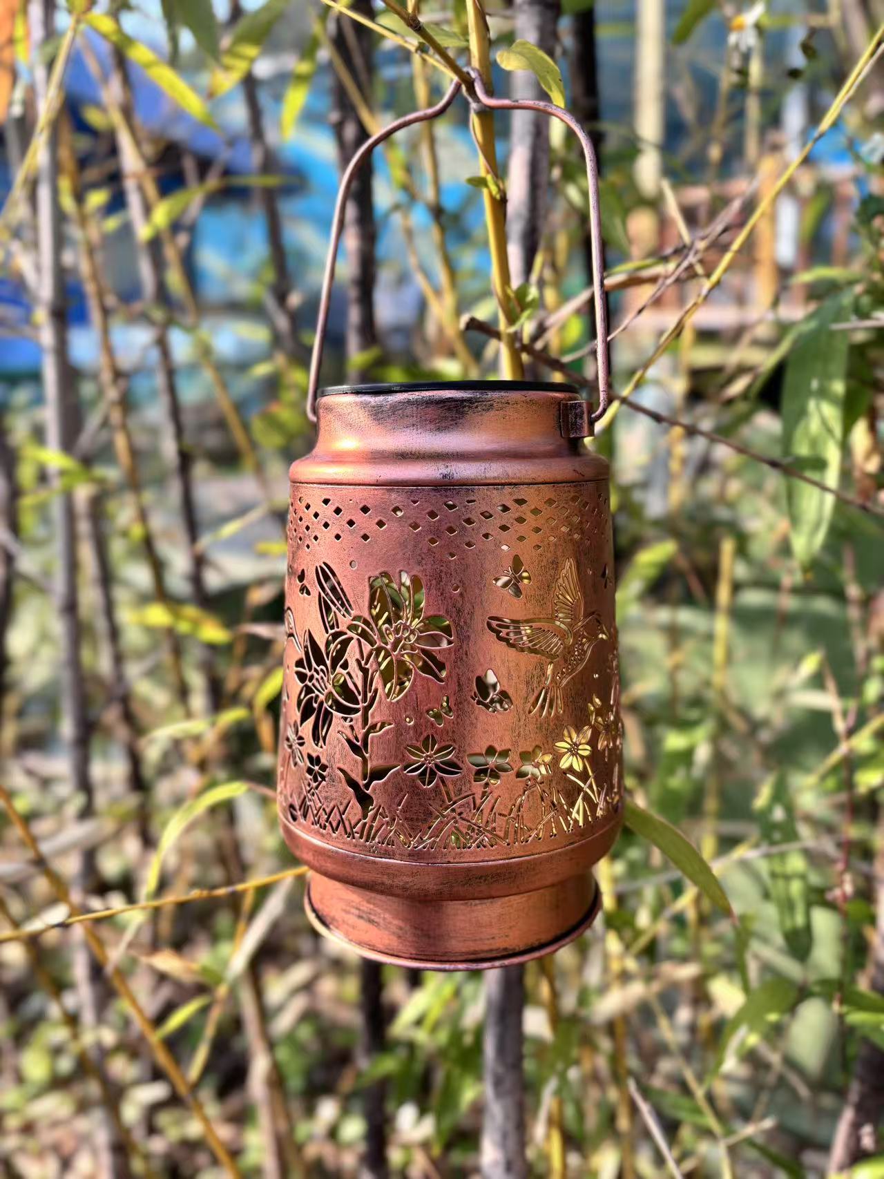 Solar-powered outdoor courtyard hanging lamps, ironwork hollowed-out hummingbird, butterfly, chrysanthemum and animal projection installations pic 9