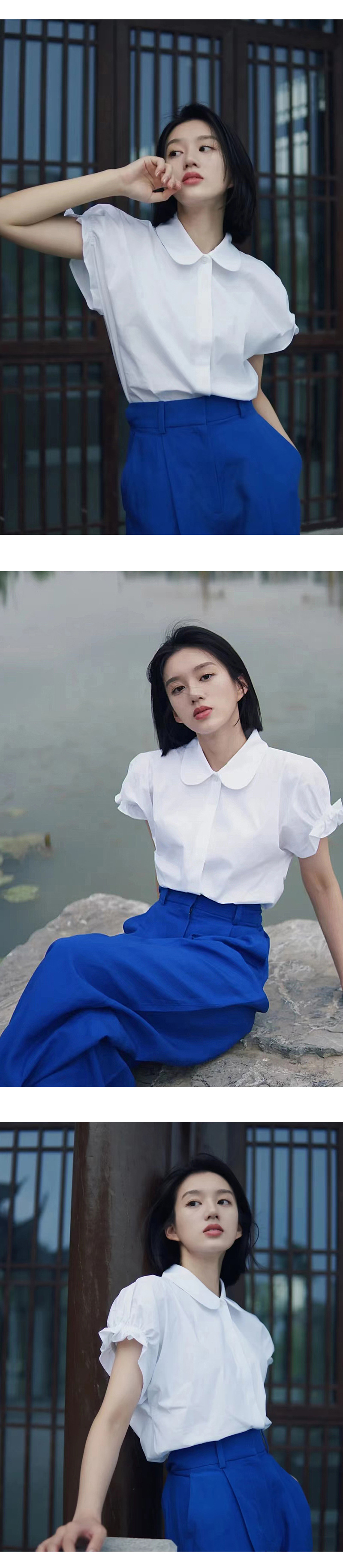 co*s2022 Summer New Collection: Two-color doll collar, pleated, casual short-sleeved shirt for women in solid color pic 4