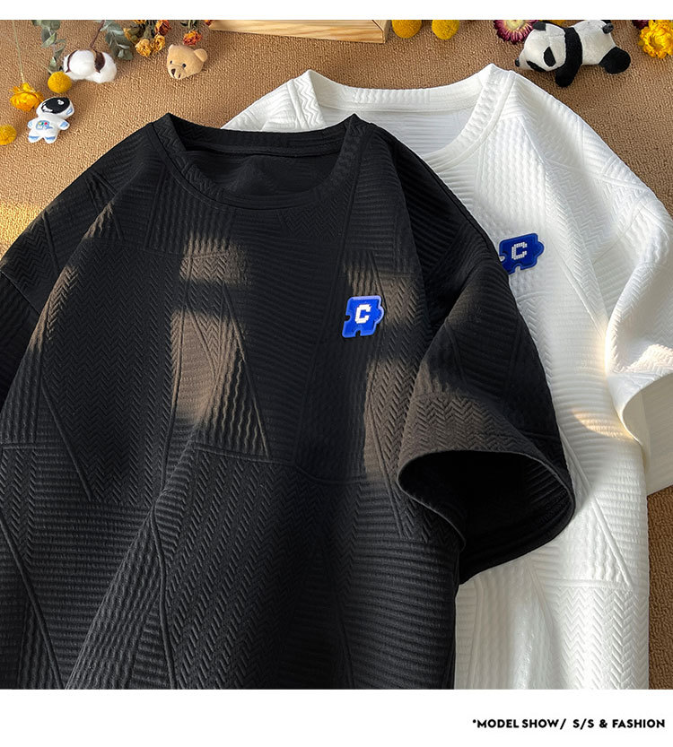 控48 夏港风重磅高克重圆领短袖华夫格男T恤休闲百搭小清晰详情5