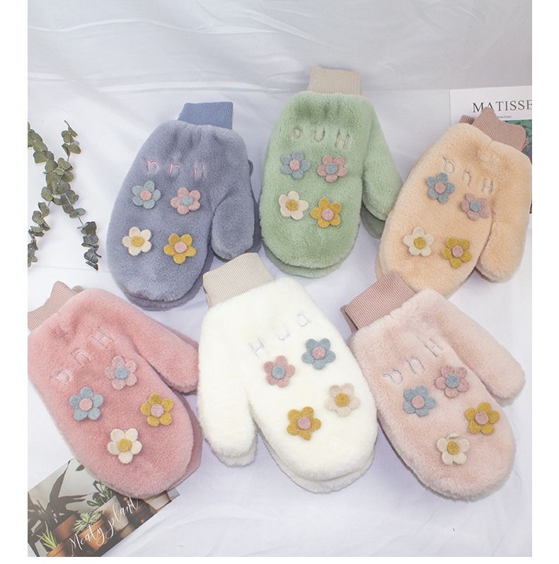 Korean cute and warm gloves with a girlish heart, Instagram-style fleece little flower finger gloves, windproof and cold-proof full coverage gloves pic 1