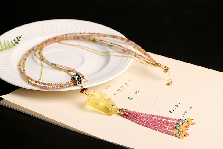 Original natural multi-treasure sweater chain, beeswax leaf cut rainbow tourmaline necklace, cut rose red tourmaline tassels pic 3