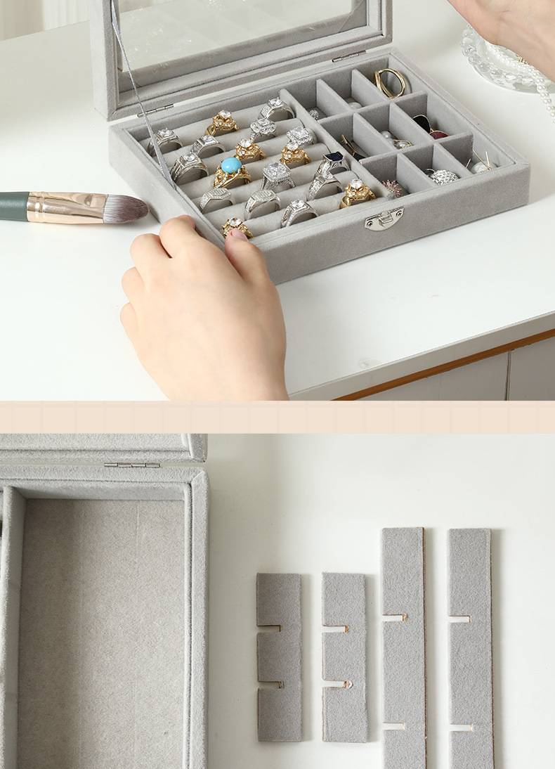 Exquisite grey jewelry storage box, velvet jewelry box, home jewelry, watch, earrings and ring packaging box pic 15