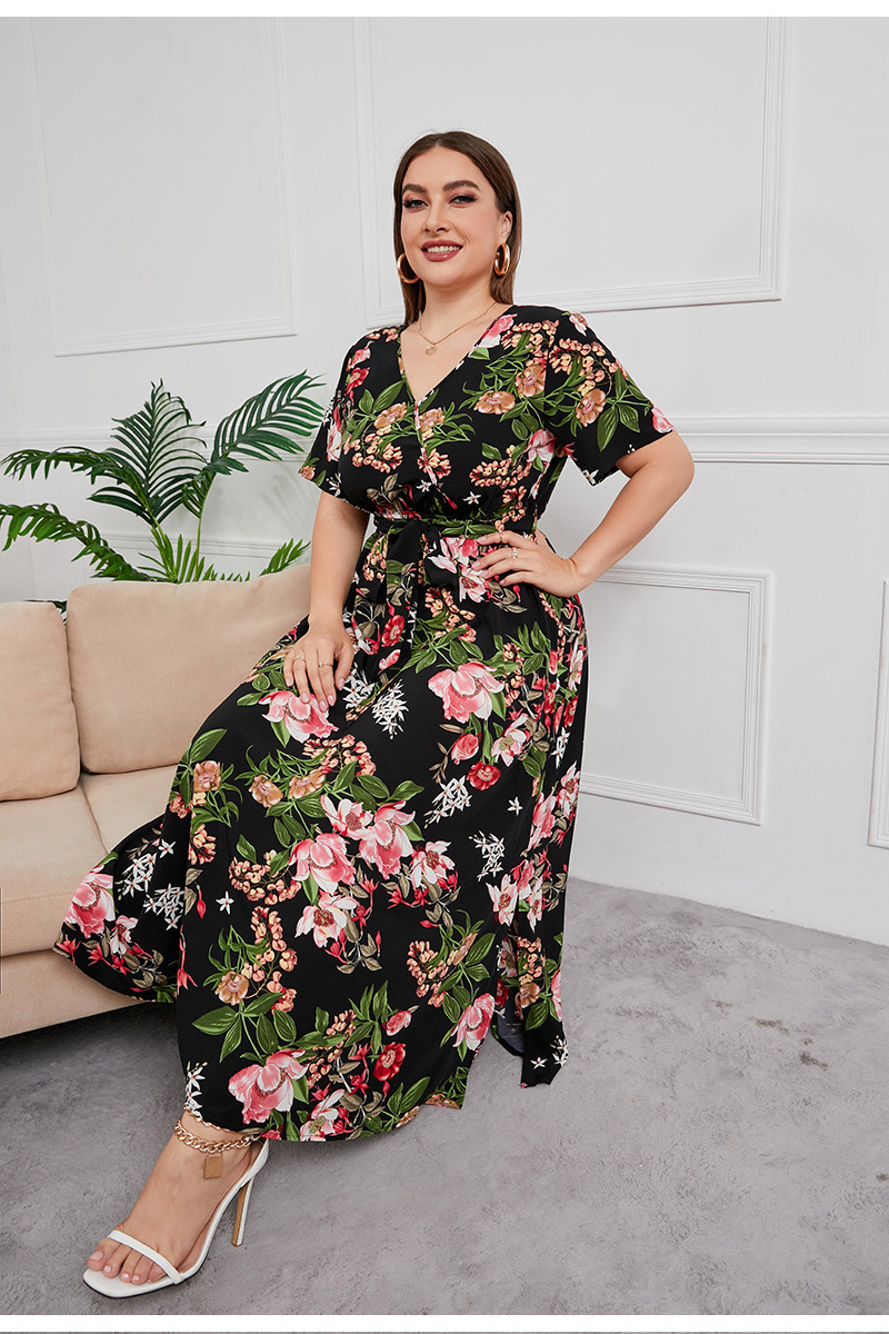 2024 Cross-border new French-style elegant plus-size dress with a V-neck, short sleeve and cinched waist, featuring a simple floral design pic 21