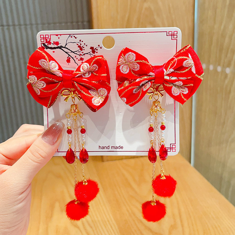 新年款红色古风流苏发夹儿童汉服发卡头饰女童复古蝴蝶结发夹发饰详情45