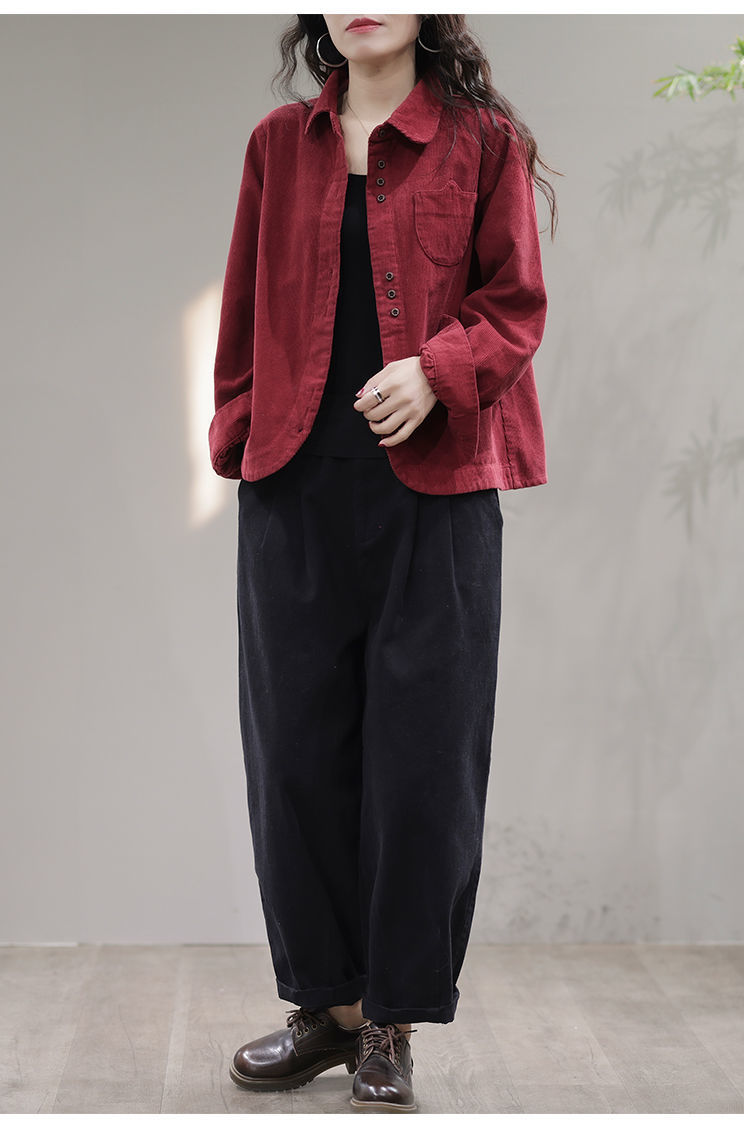 【现货】秋季衬衫文艺休闲时尚黑色长袖翻领灯芯绒女装衬衣开衫女详情9