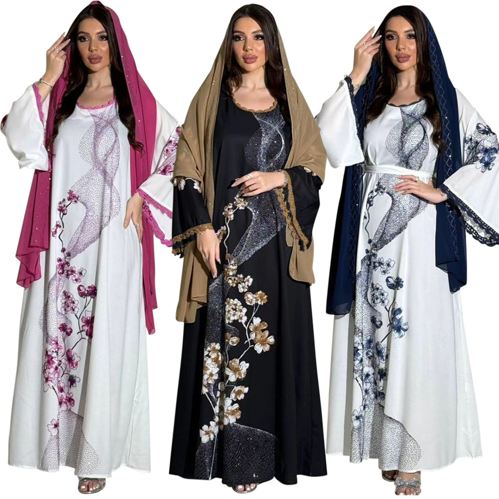 XQY500263 Cross-border Middle East Muslim Robe Dubai Arab printed Robe Dress with belt pic 4