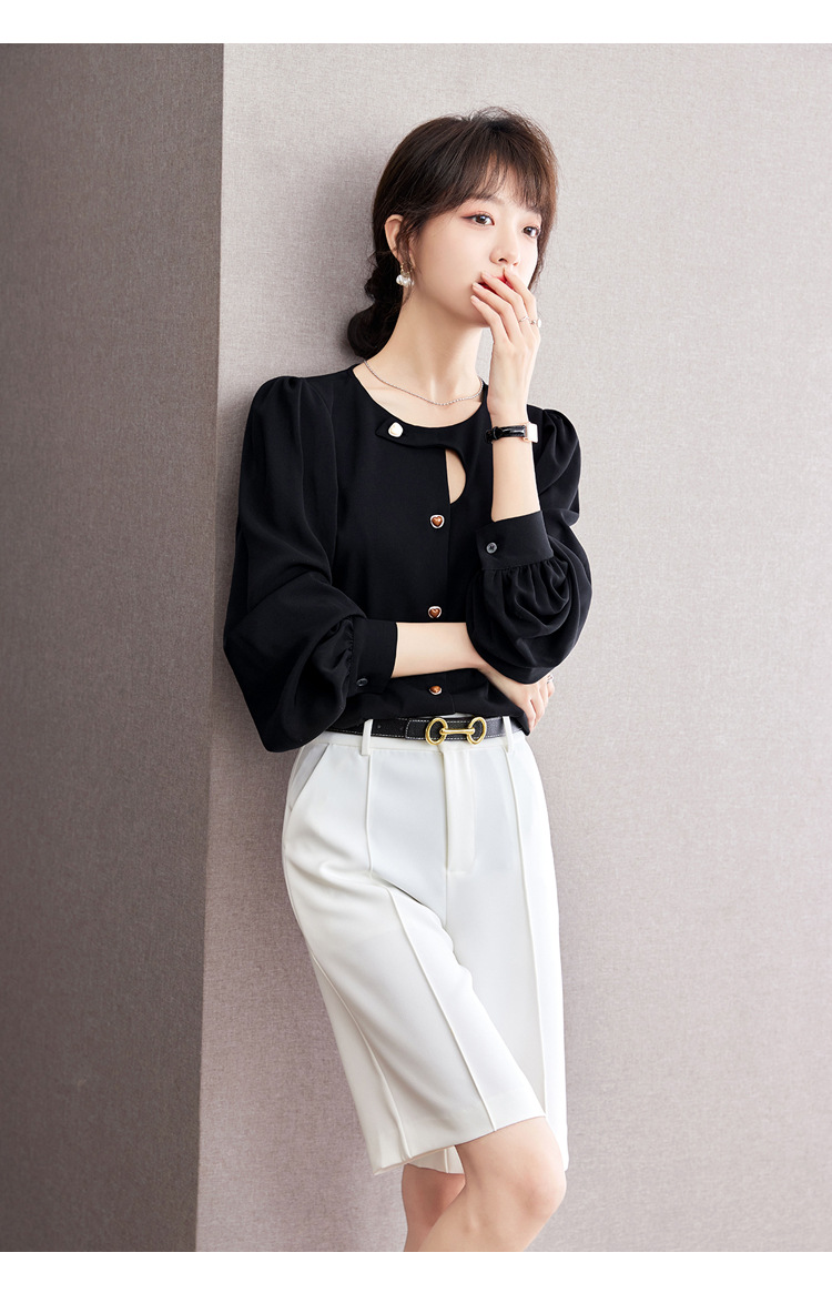 法式小众复古镂空衬衫女2024年春秋季新款不规则设计感泡泡袖上衣详情8