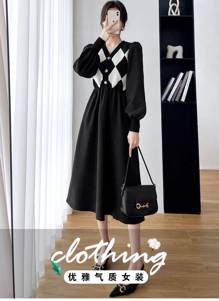 2022秋冬新款法式赫本风别致菱格v领针织拼接中长款收腰a字连衣裙详情2