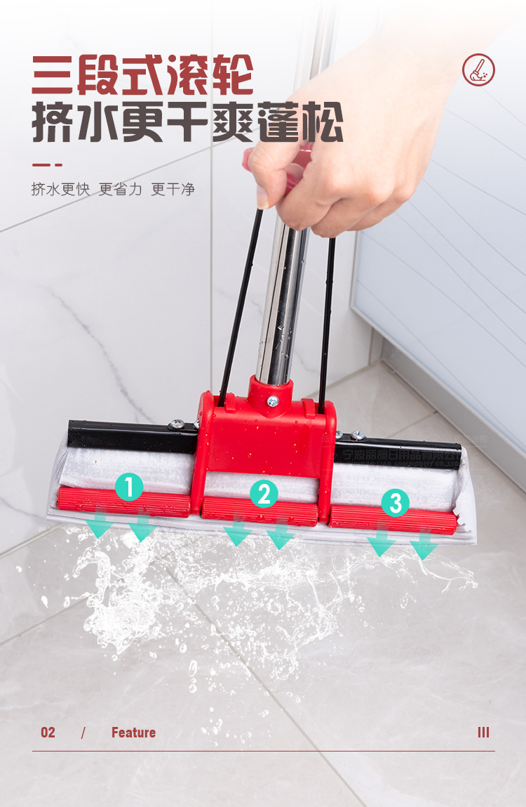 家用不锈钢滚轮式胶棉吸水海绵挤水拖把免手洗懒人拖布硬胶棉头详情15