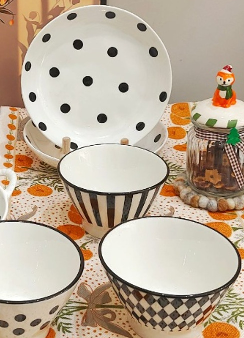 【赫本风八件套】简约波点花色陶瓷饭碗双耳个性家用餐具套装组合详情5