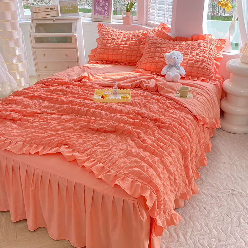 Simple style bubble gauze summer quilt four-piece set, high-end solid color washed cotton bed sheet, bed skirt, quilt cover, dormitory three-piece set pic 26