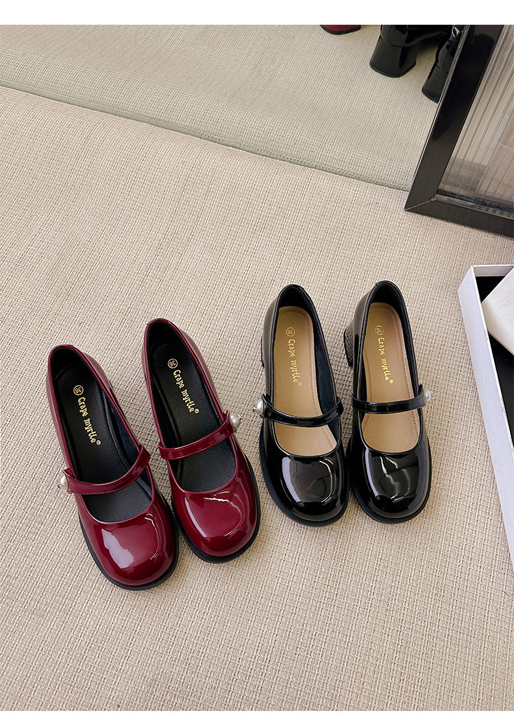 苏茵茵人间芭比韩国圆头珍珠红色粗跟单鞋玛丽珍鞋女小皮鞋详情25