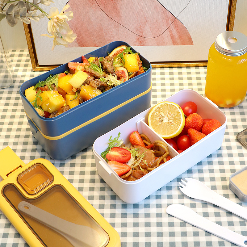 轻食沙拉餐盒跨境饭盒密封创意时尚便当盒带酱料盒配餐具双层分格详情12
