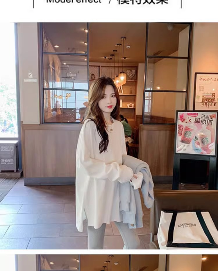 White pure cotton long-sleeved T-shirt for women, spring and autumn new Korean style loose fleece long-sleeved top paired with shark pants pic 3