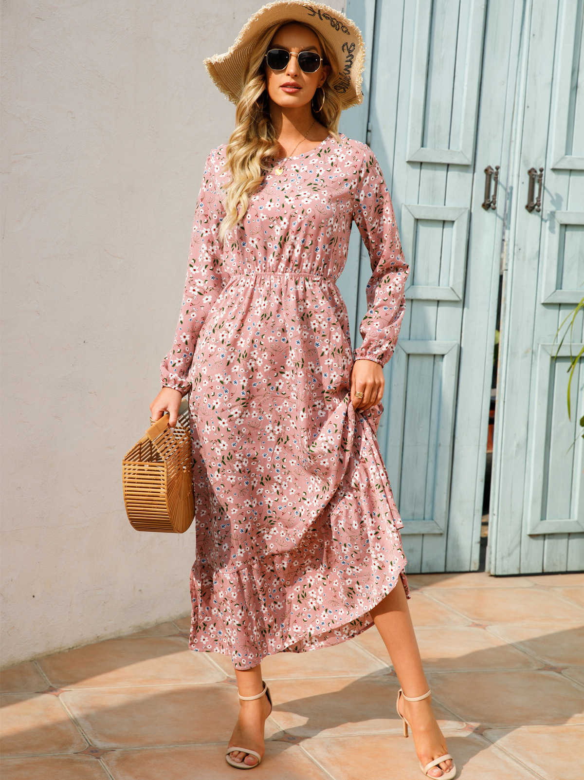 European and American floral long, round-neck, long-sleeved, waist-cinching and slimming dress pic 4