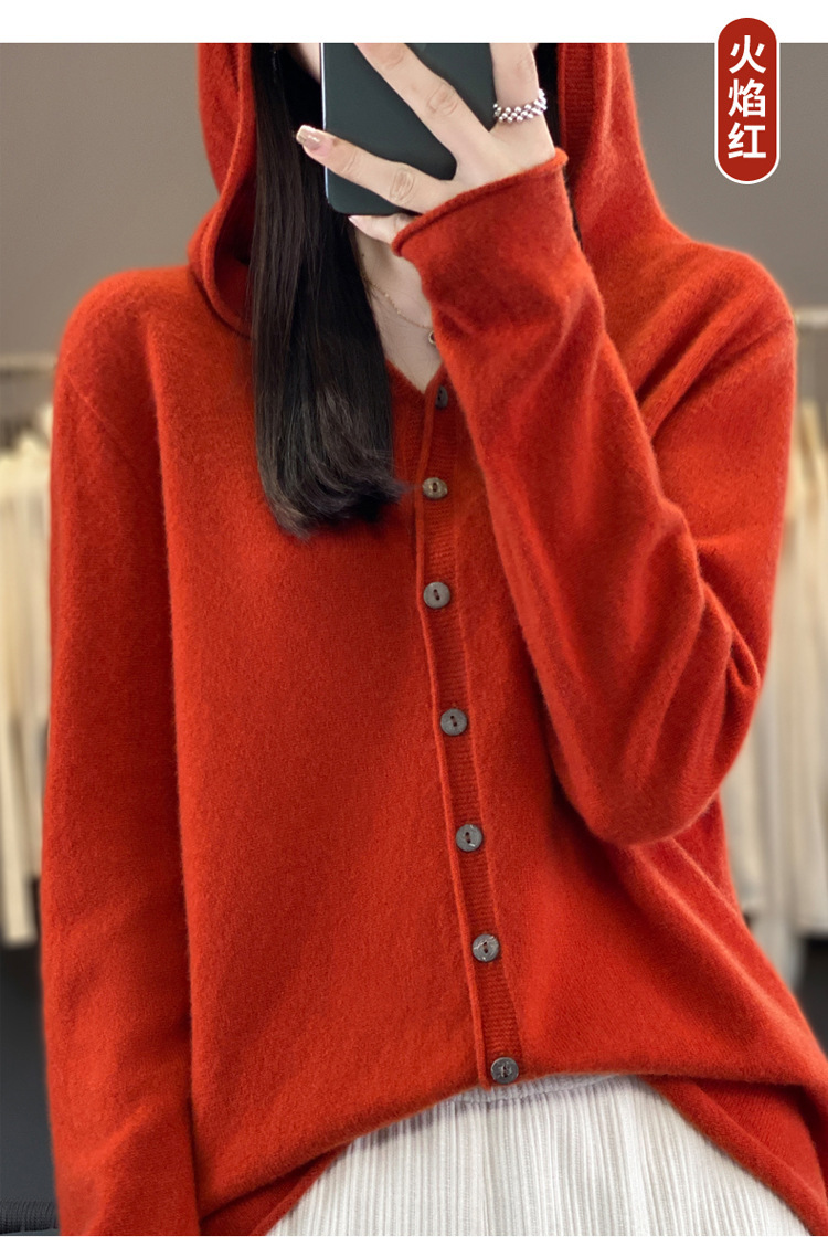 女士连帽100羊毛衫开衫百搭秋冬新款纯色一线成衣潮卫衣针织外套详情26