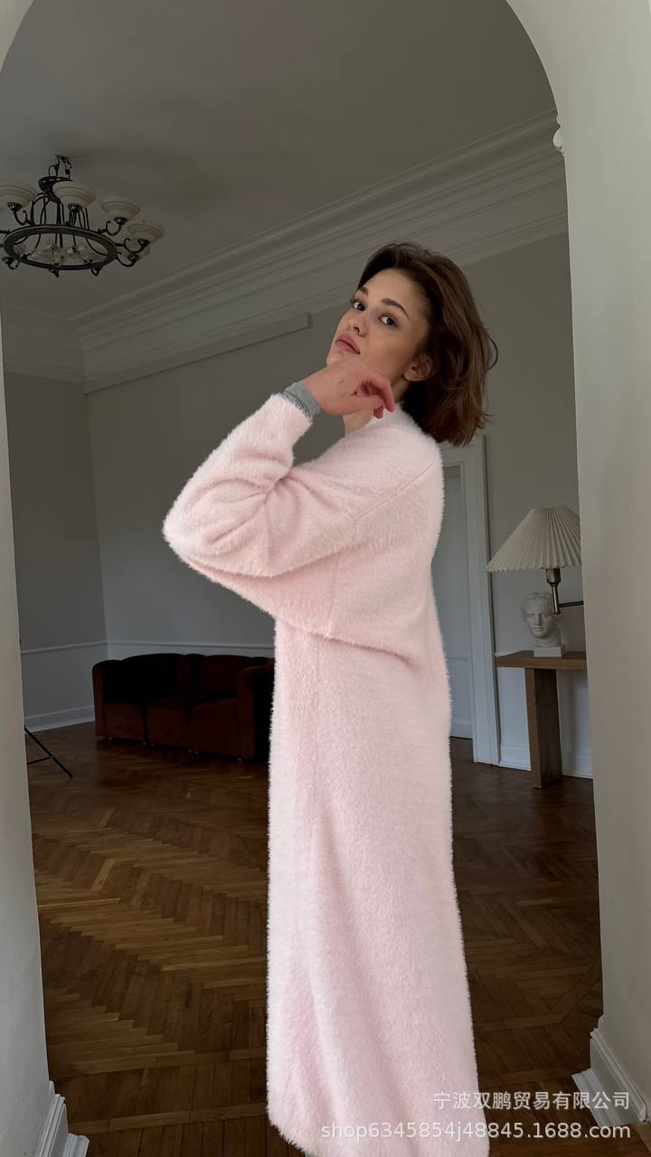 2025秋冬新长款仿貂开衫女跨境欧美风热卖慵懒风针织毛衣带腰带详情7