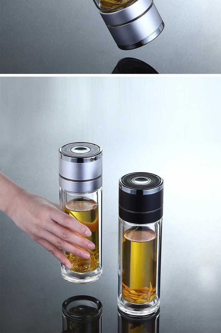 Vehicle-mounted quick-opening cup, tea-water separation cup, portable tea-making cup for men and women, single-handed spring buckle, double-layer glass water cup with printable words pic 9