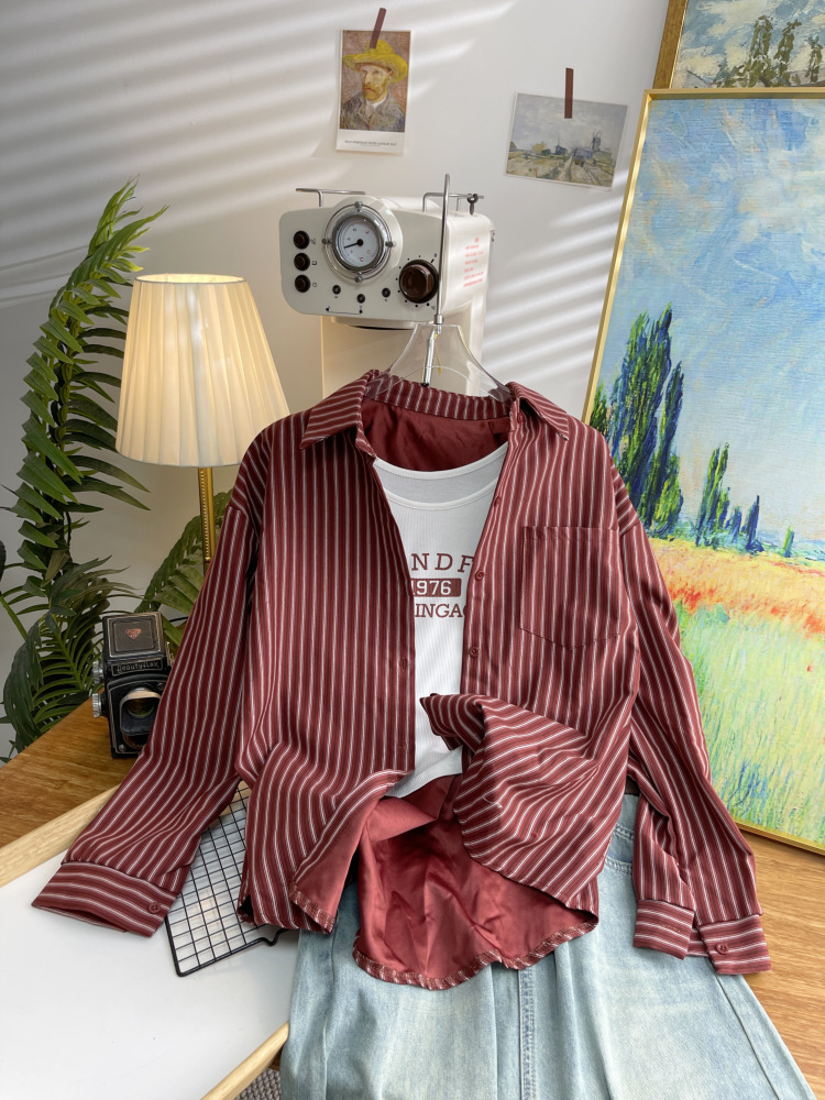 Dongdaemun, South Korea, early autumn new Korean-style vertical striped long-sleeved shirt for women, loose and casual, stylish shirt trend 4730 pic 9