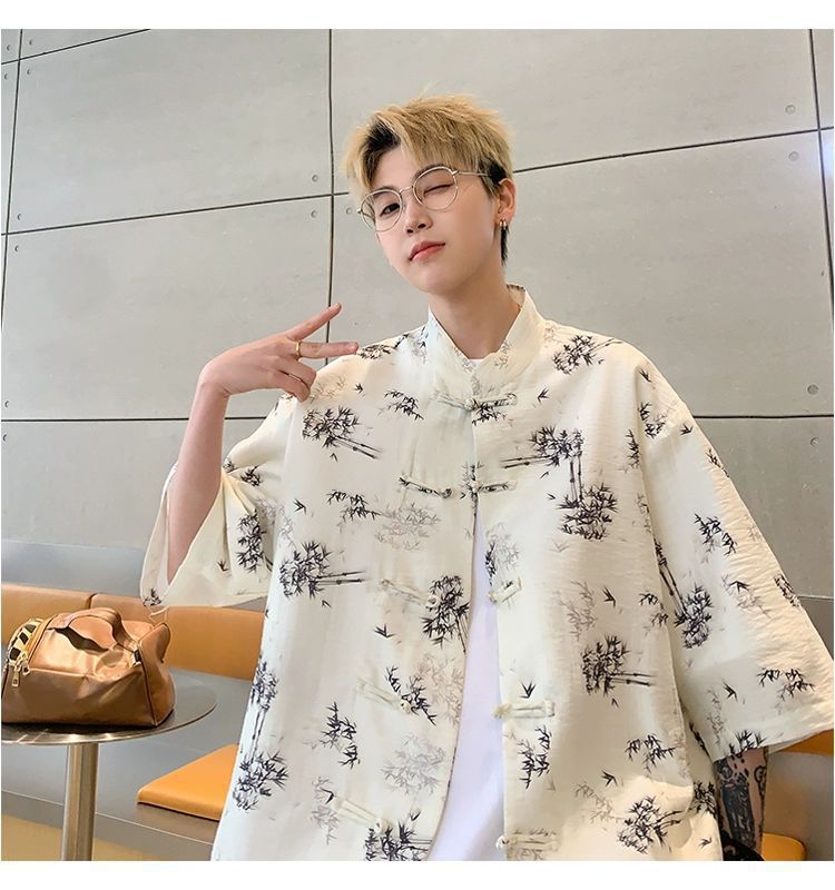 国潮青少年中国风竹子免烫处理短袖衬衫男夏季新中式盘扣潮流宽松半袖详情16