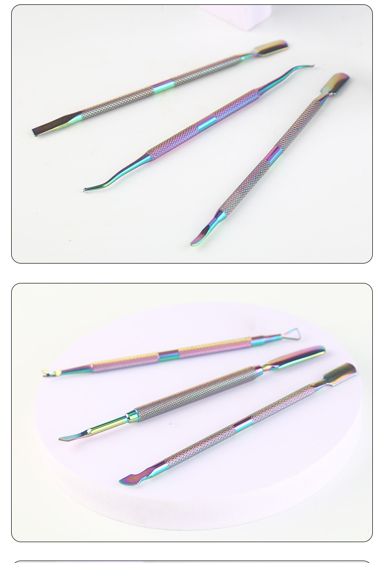 Stainless steel color titanium nail tools, dead skin forks, nail planers, steel push nail trims, three-piece nail set shanilak pic 11