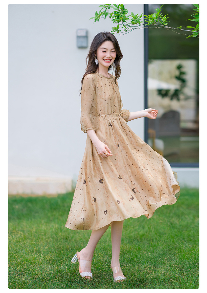 荣太设计师定染黑桃印花真丝连衣裙女拼接欧根纱桑蚕丝裙子系带详情20