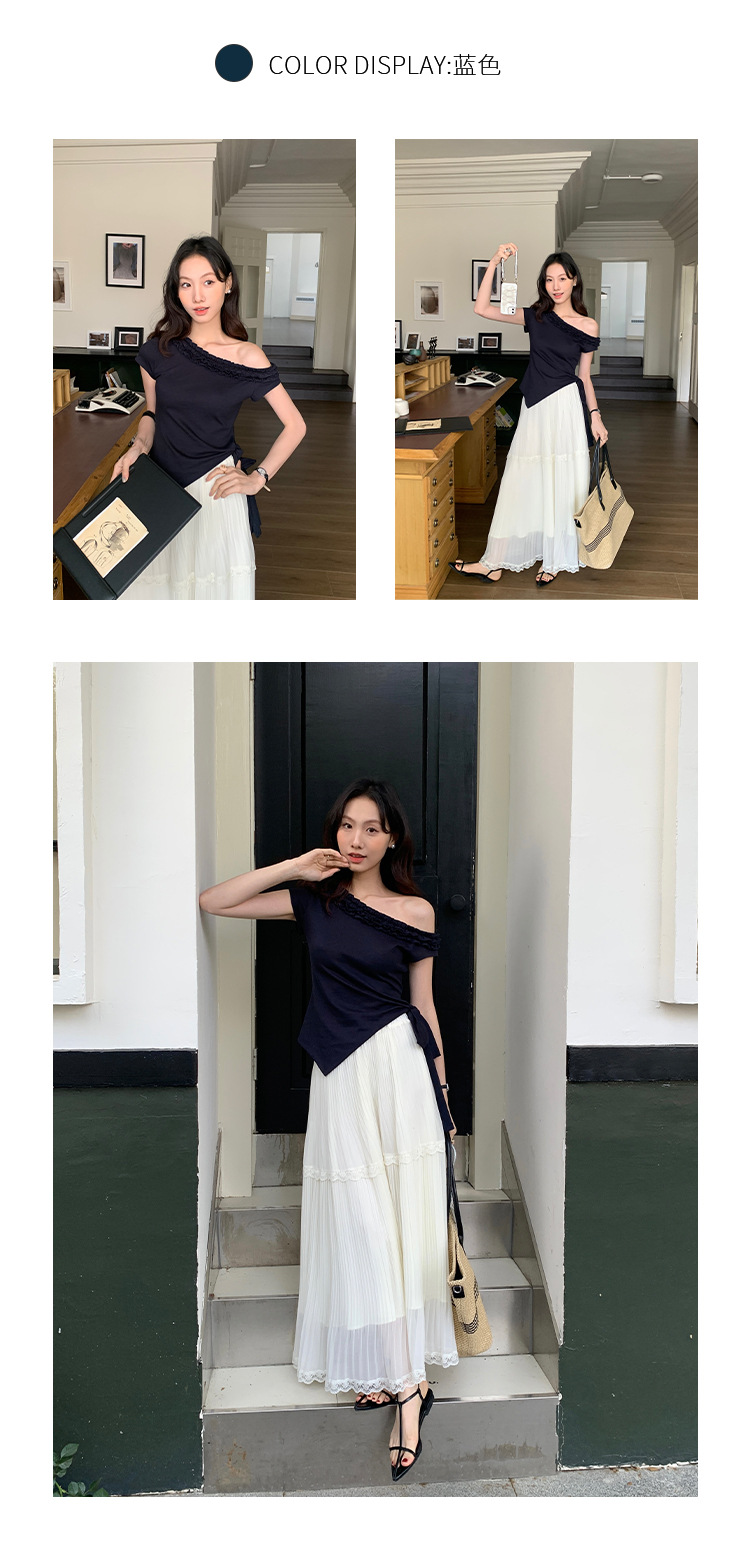 爱西里2025夏季减龄甜美拼木耳花边斜肩下摆不规则短袖T恤女13835详情11