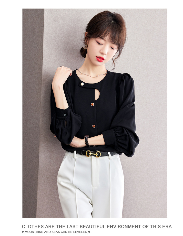 法式小众复古镂空衬衫女2024年春秋季新款不规则设计感泡泡袖上衣详情9