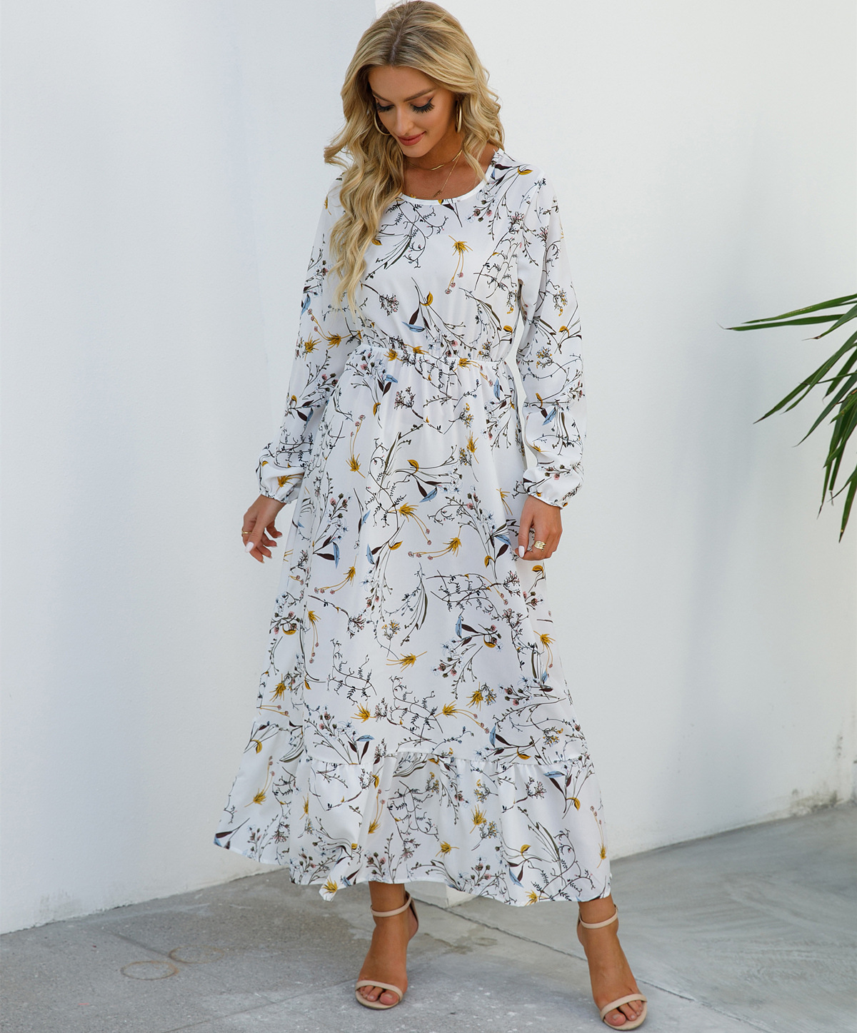 European and American floral long, round-neck, long-sleeved, waist-cinching and slimming dress pic 58