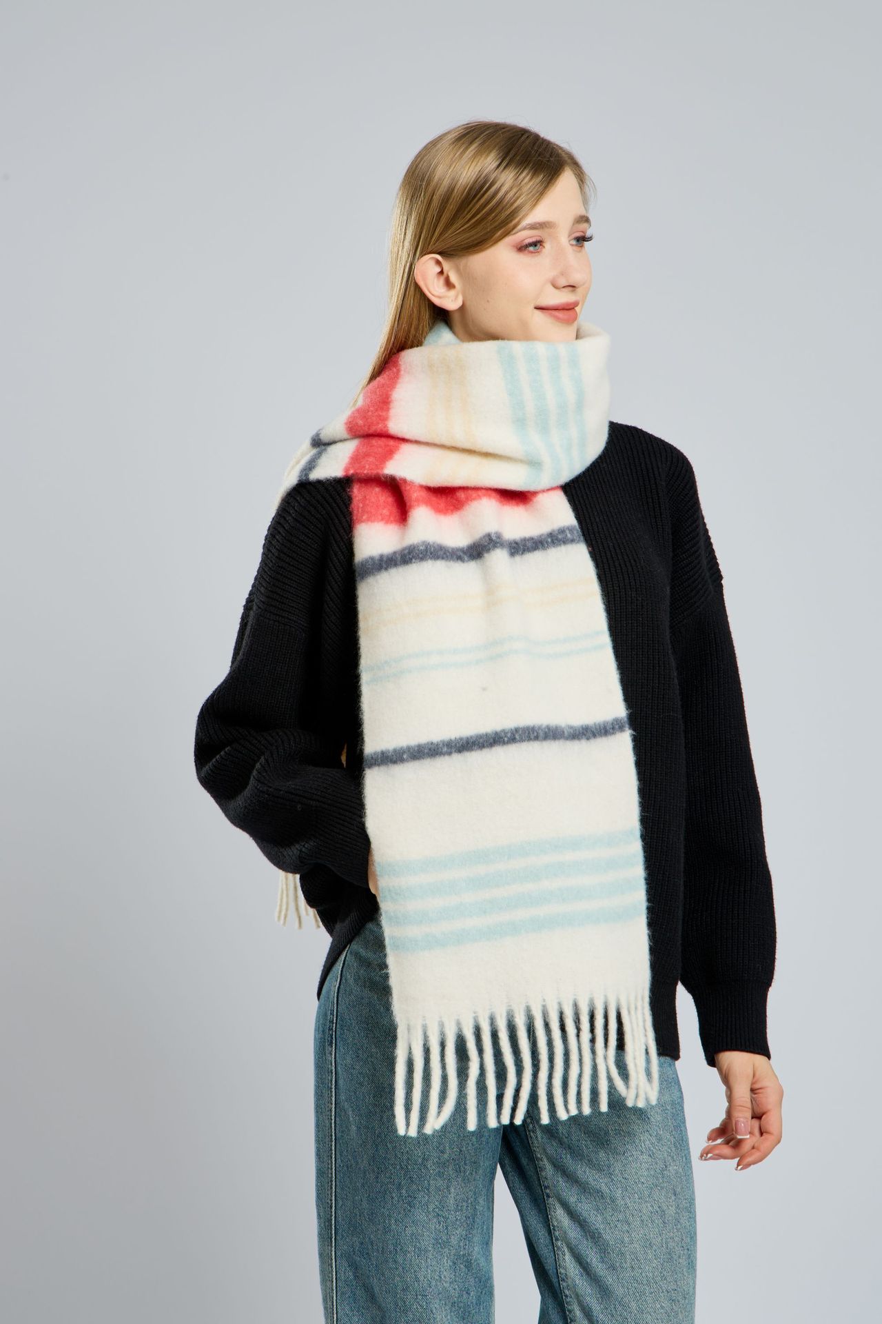 Korean-style knitted woolen scarf for women, thickened mohair for autumn and winter, warm in winter, versatile scarf, red shawl pic 9