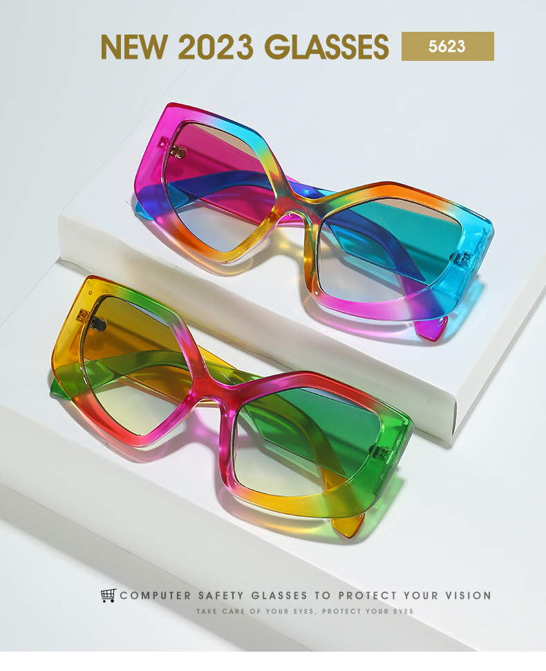 2023跨境新款猫眼太阳镜 欧美亚马逊新品热款个性炫彩彩虹色墨镜详情1