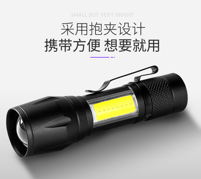 Cross-border exclusive USB charging flashlight, strong light rechargeable, telescopic zoom, aluminum alloy with pen clip pic 1