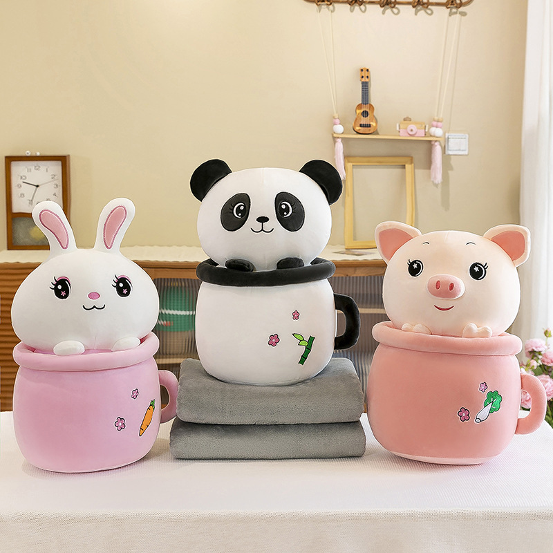 Cartoon rabbit, panda, cute piggy, milk tea cup, dual-purpose throw pillow blanket, two-in-one blanket, office midday rest pillow pic 24